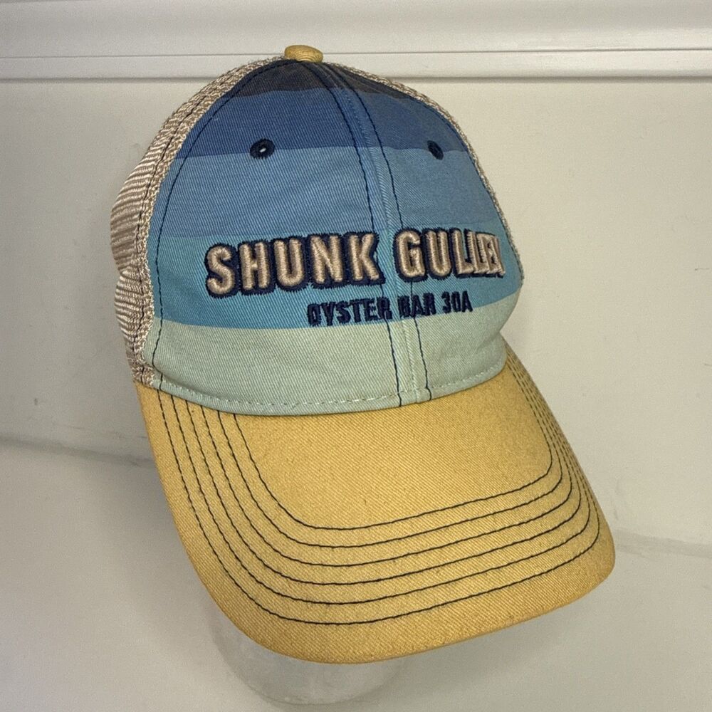 Vtg Shunk Gulley Oyster Bar 30A Florida Gulf Mesh Dad Hat Cap Yellow Blue Stripe